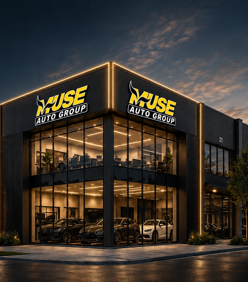 Future Muse Auto Group headquarters exterior at dusk